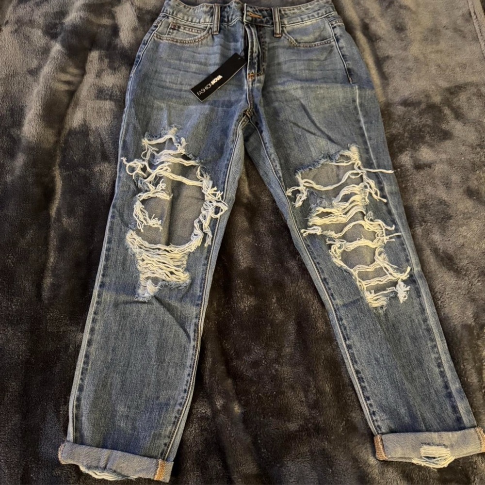 Fashion Nova Ripped Blue Boyfriend Jeans